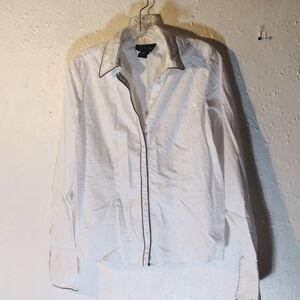 Charter Club, white w/blue in color,fitted, button down shirt w/lg cuffs.